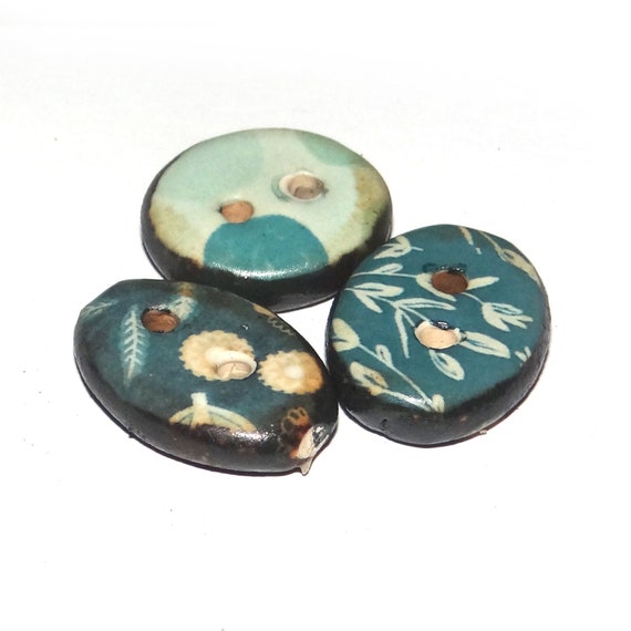 Ceramic Floral Patterned Buttons Porcelain Handmade Unique Rustic 15mm CC8-2