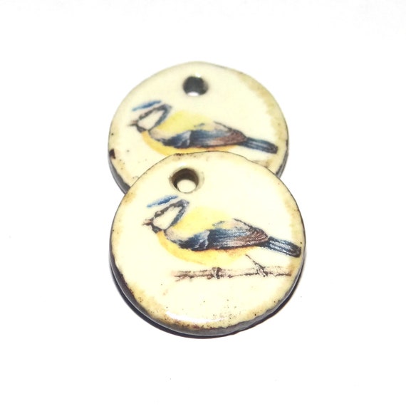 Ceramic Bird Earring Charms Pair Beads Handmade Rustic 18mm/0.7" P1-1