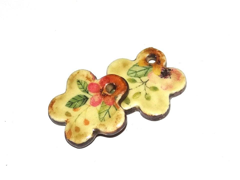 Ceramic Earring Charms Pair Handmade Rustic Floral Flowers