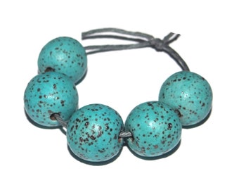 Ceramic Bead Set Turquoise Speckled Handmade 14mm