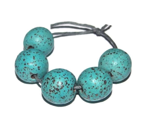 Ceramic Bead Set Turquoise Speckled Handmade Porcelain 14mm