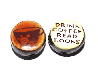 1 Ceramic Double Sided Quote Bead Porcelain Handmade 15mm BB7-4