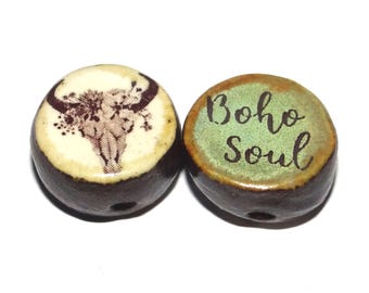 1 Ceramic Skull Boho Double Sided Quote Bead Porcelain Handmade 15mm BB4-2
