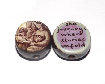 Ceramic Reading Two Sided Focal Bead Handmade Pottery Beads 18mm BB6-2