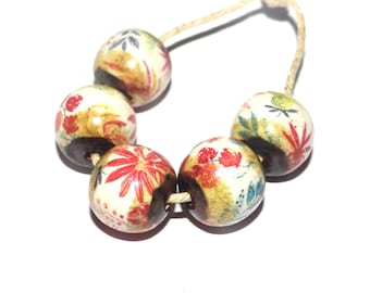 Ceramic Floral Bead Set Handmade Porcelain 12mm