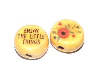 1 Ceramic Quote Bead Flower Porcelain Two Sided Handmade  16-18mm PP6-2