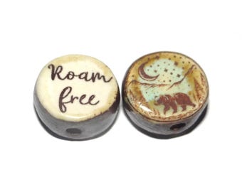 1 Ceramic Bear Double Sided Quote Bead Porcelain Handmade 13mm BB6-3