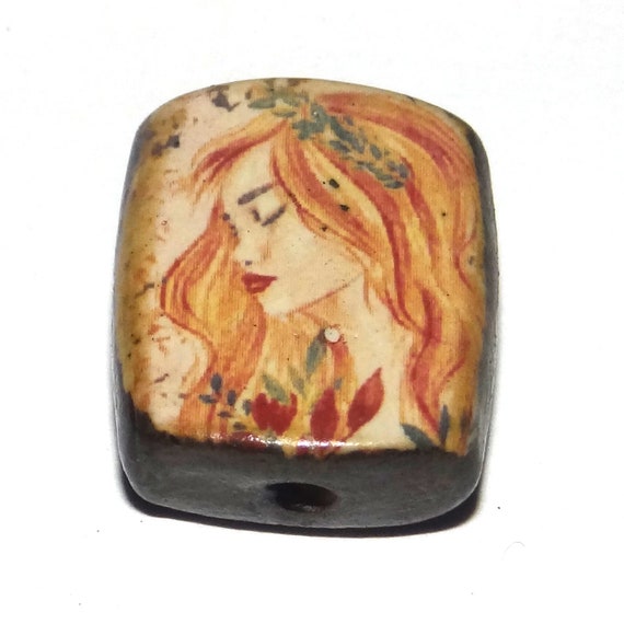 Ceramic Floral Woman Focal Bead Handmade Pottery Beads 25mm 1" PP5-2