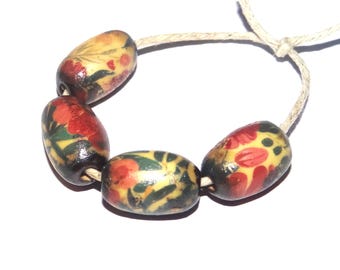Ceramic Floral Bead Set Handmade Porcelain 15mm