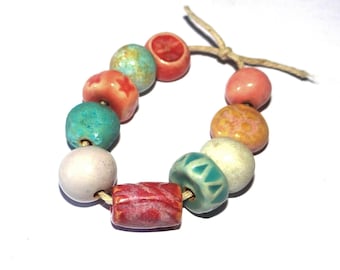 Ceramic Bead Set Textured Glazed Pottery Clay Handmade Porcelain 8-15mm
