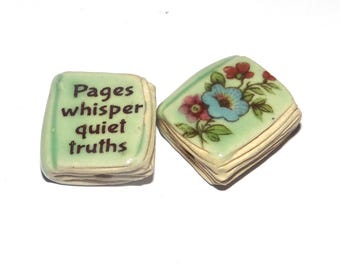 Ceramic Book Bead Focal Handmade Rustic Floral Quote Word Sculpture Porcelain 22mm