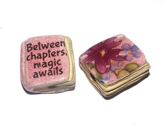Ceramic Book Bead Focal Handmade Rustic Floral Quote Word Sculpture Porcelain 22mm