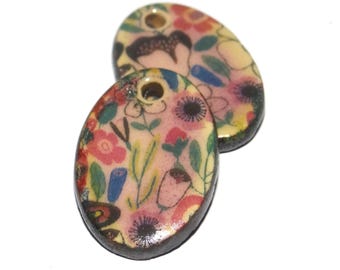 Ceramic Floral Patterned Charms Earring Bead Pair 22mm PP5-2