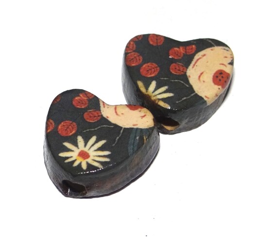 Ceramic Floral Heart Earring Bead Pair Beads Handmade Rustic 14mm CC2-1