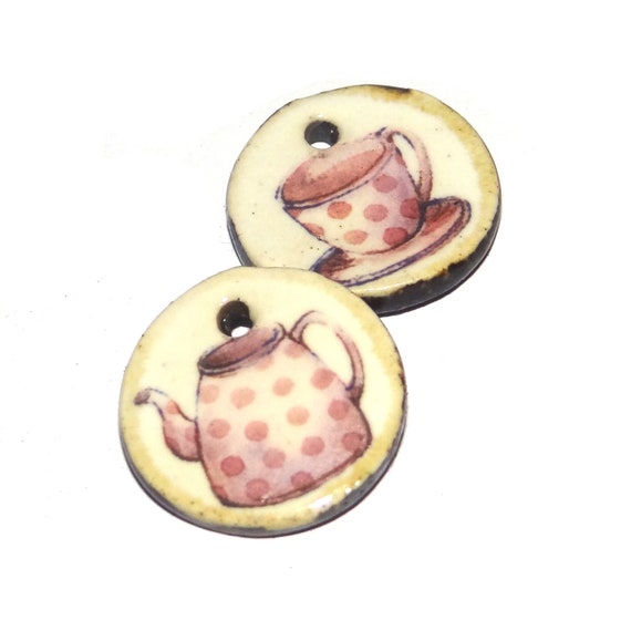 Ceramic Cup Teapot Earring Charms Pair Beads Handmade Rustic 18mm/0.7" CC1-4