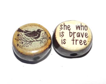 1 Ceramic Bird Double Sided Quote Bead Porcelain Handmade 13mm BB9-3