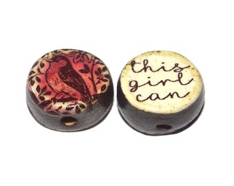 1 Ceramic Double Sided Quote Bead Porcelain Handmade 15mm BB8-4