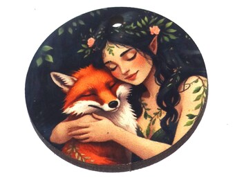 Wooden Two Sided Fox Pendant Porcelain Handmade 30mm MM10-4