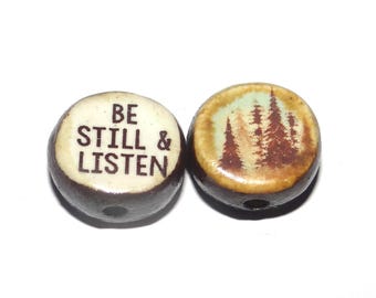 1 Ceramic Forest Double Sided Quote Bead Porcelain Handmade 13mm BB9-3