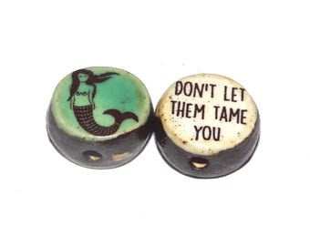 1 Ceramic Mermaid Double Sided Quote Bead Porcelain Handmade 13mm BB5-2