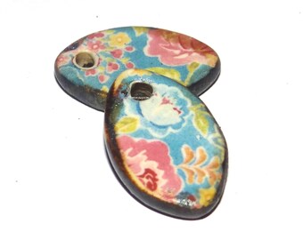 Ceramic Floral Patterned Charms Earring Bead Pair 19mm PP5-4
