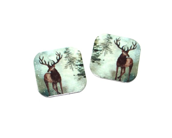 Stag Deer Forest Earring Charms Handmade Faux Tin 16mm Pair 5/8" MC2-3