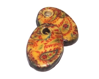 Ceramic Patterned Earring Charms Pair Beads Handmade Rustic 18mm CC1-2