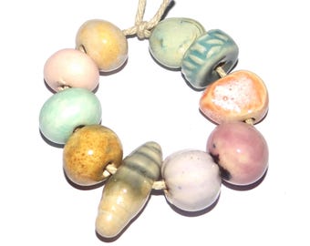 Ceramic Bead Set Patterned Textured Handmade Porcelain 8-15mm