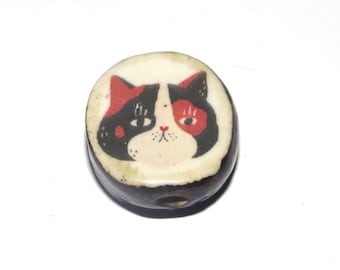 Ceramic Cat Focal Bead Handmade Pottery Beads 18mm CC6-2