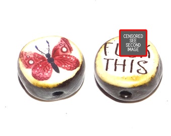1 Ceramic Double Sided Quote Bead Porcelain Handmade  15mm PP3-1