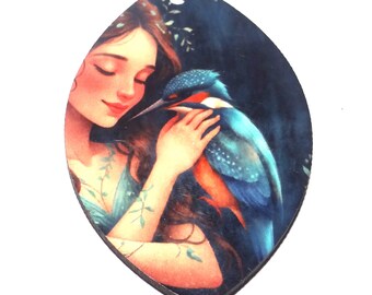 Wooden Two Sided Bird Kingfisher Pendant Porcelain Handmade 45mm MM9-2
