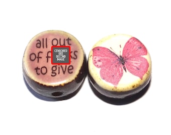 1 Ceramic Double Sided Quote Bead Porcelain Handmade Adult 19mm CC4-4