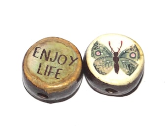 1 Ceramic Two Sided Quote Bead Butterfly Handmade  16-18mm BB2-2
