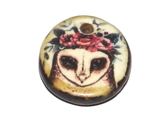 Ceramic Owl Charm Pendant Porcelain Handmade 17mm PP10-1