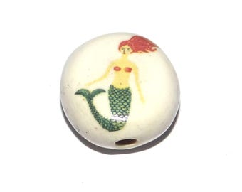 Ceramic Mermaid Focal Bead Handmade Pottery Beads 17mm PP6-3
