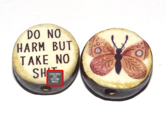 1 Ceramic Butterfly Bead Two Sided Quote Beads Porcelain Handmade  20mm