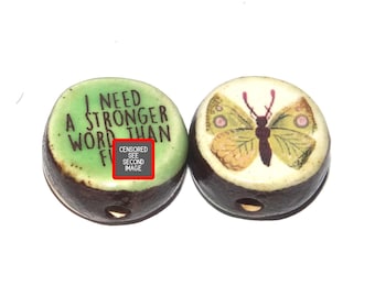 1 Ceramic Double Sided Quote Bead Porcelain Handmade Adult 19mm BB2-2