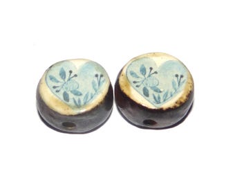Ceramic Heart Beads Pair Porcelain 15mm CC10-1