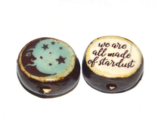 1 Ceramic Double Sided Quote Bead Porcelain Handmade 18mm Moon Stars PP7-1
