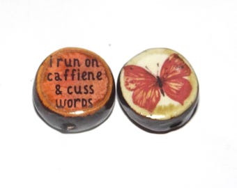 1 Ceramic Double Sided Quote Bead Porcelain Handmade Adult 19mm CC4-4