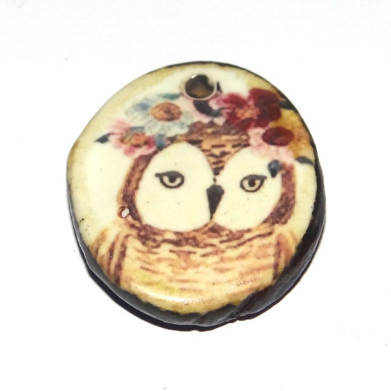 Ceramic Owl Pendant Handmade Focal Porcelain 30mm CC7-2