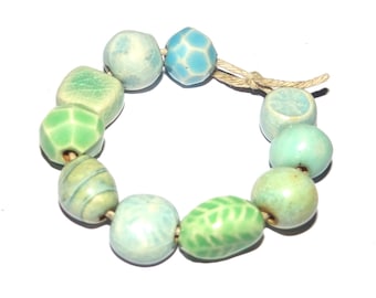 Ceramic Bead Set Textured Glazed Pottery Clay Handmade 8-15mm