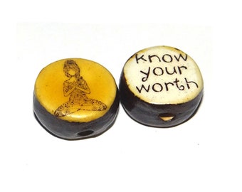 1 Ceramic Two Sided Quote Bead Porcelain Handmade 18mm PP8-2
