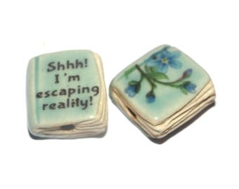 Ceramic Book Bead Focal Handmade Rustic Floral Quote Word Sculpture Porcelain 22mm