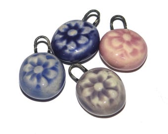 Ceramic Flower Charm Set Floral Beads Purple Handmade 15mm