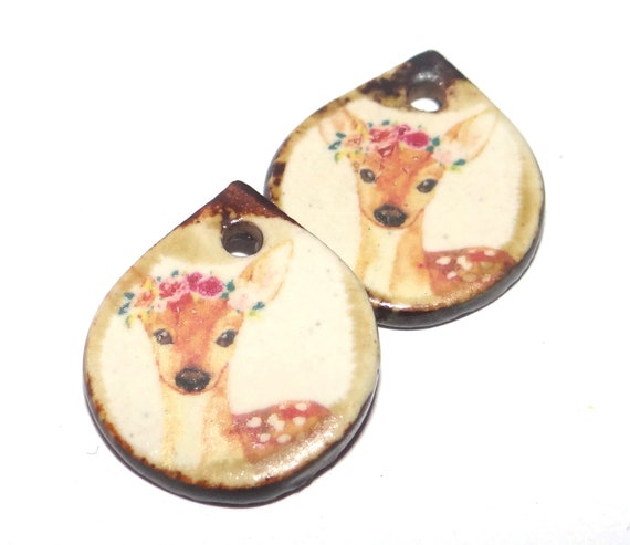 Ceramic Deer Earring Charms Pair Beads Handmade Rustic 20mm/0.8" CC2-3