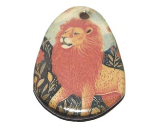 Ceramic Lion Pendant Handmade Focal Porcelain 34mm CC4-2