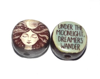 Ceramic Dreamer Two Sided Focal Bead Handmade Pottery Beads 18mm BB6-1