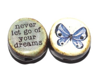 1 Ceramic Two Sided Quote Bead Butterfly Handmade  16-18mm BB2-3