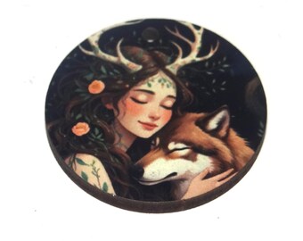 Wooden Two Sided Wolf Forest Nymph Pendant Porcelain Handmade 30mm MM9-2